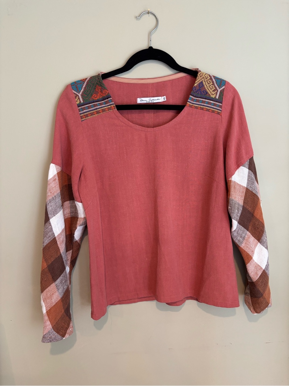 Diana Coatsworth Boho Plaid Sleeve Scoop Neck Top